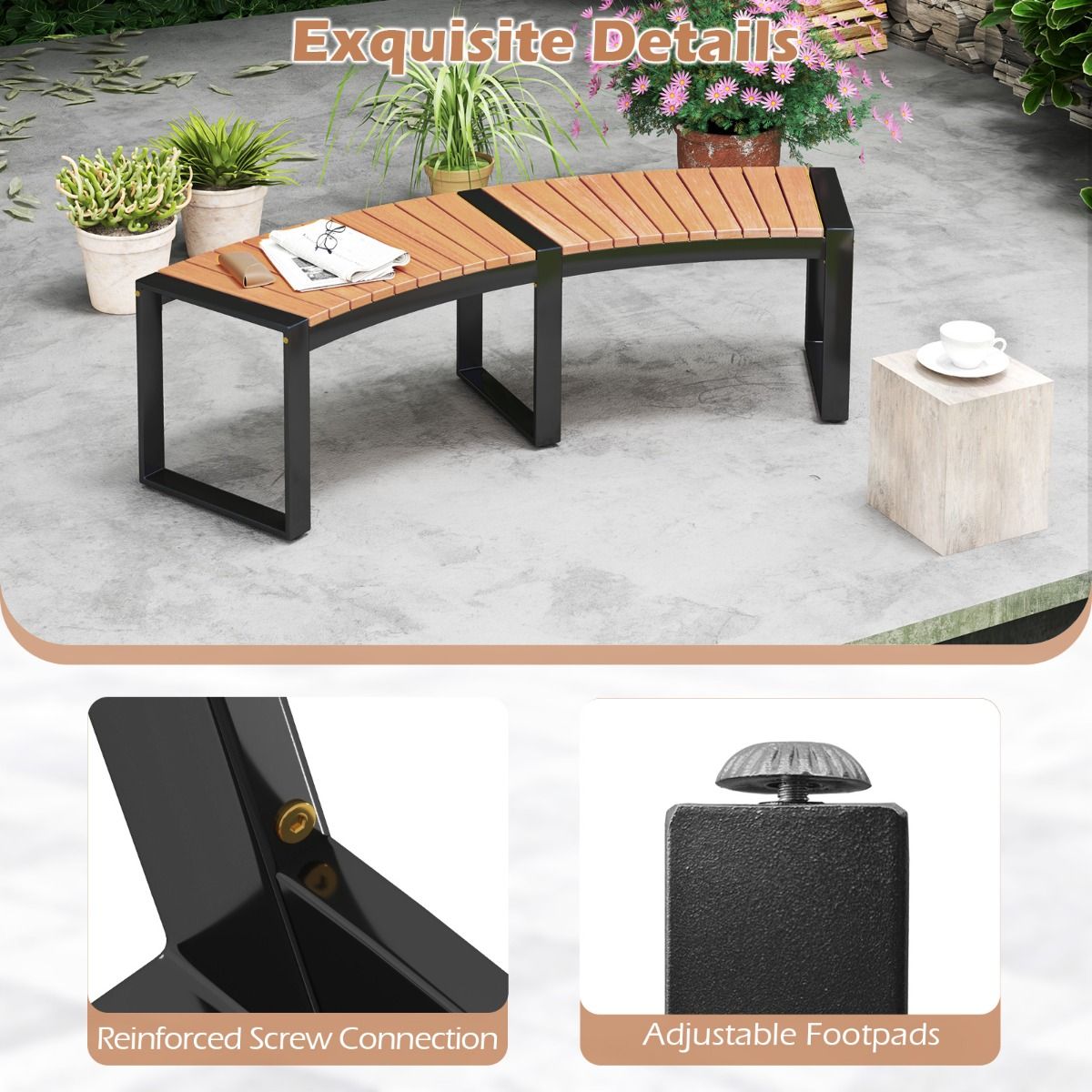 Banc de terrasse Coast en bois d'acacia courbé - Banc pour 2 personnes - 146 x 58 x 45 cm - Jaune/Noir