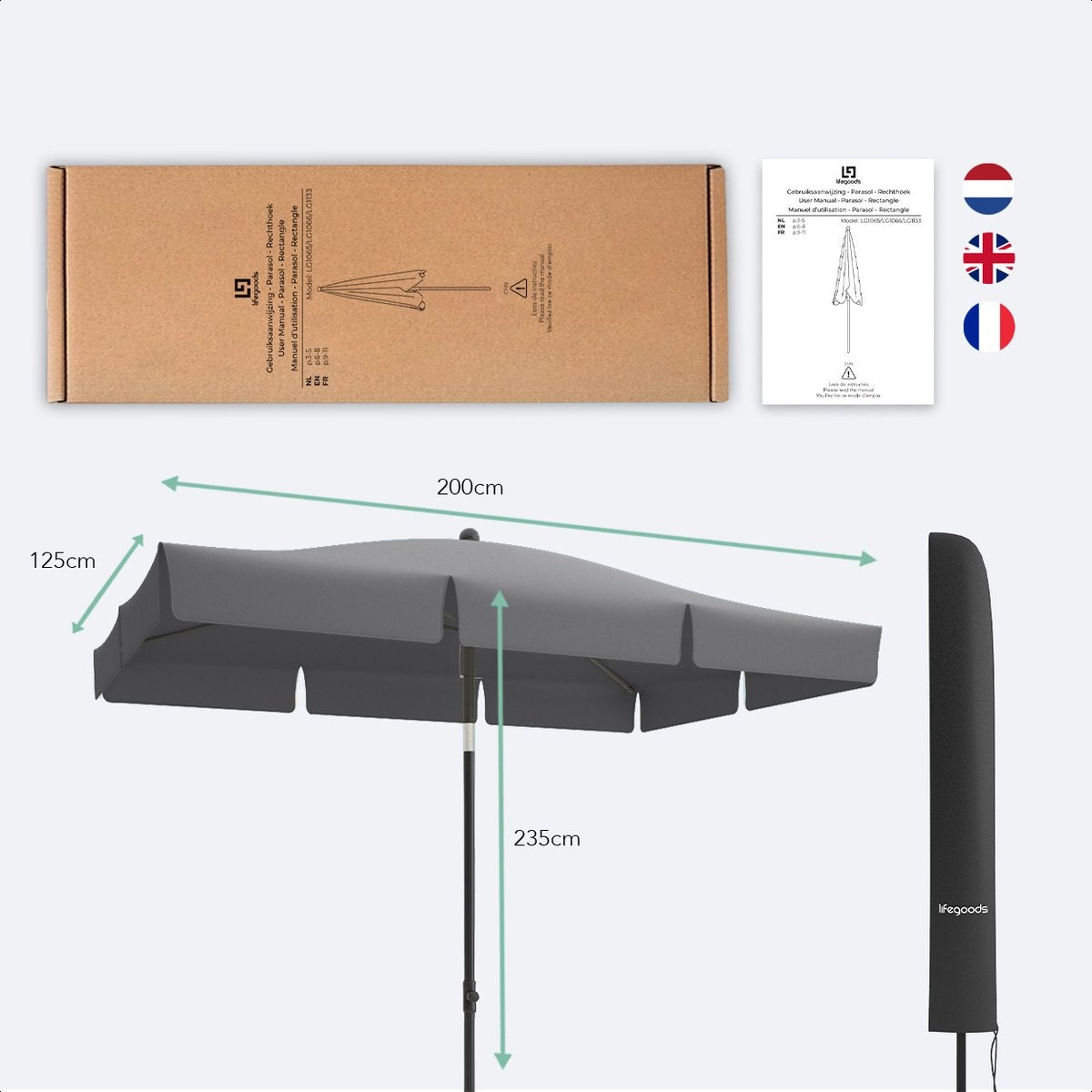 Parasol - LifeGoods - 30° inclinable - Imperméable - Avec housse - 200x125cm - Gris foncé