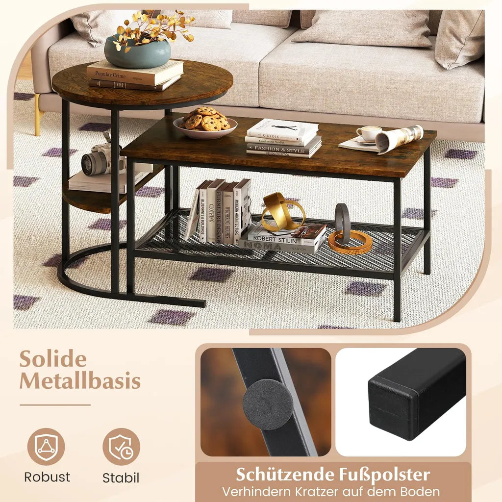 Coast Coffee Table Set of 2 - Table d'appoint ovale et ronde avec structure en métal - Brown