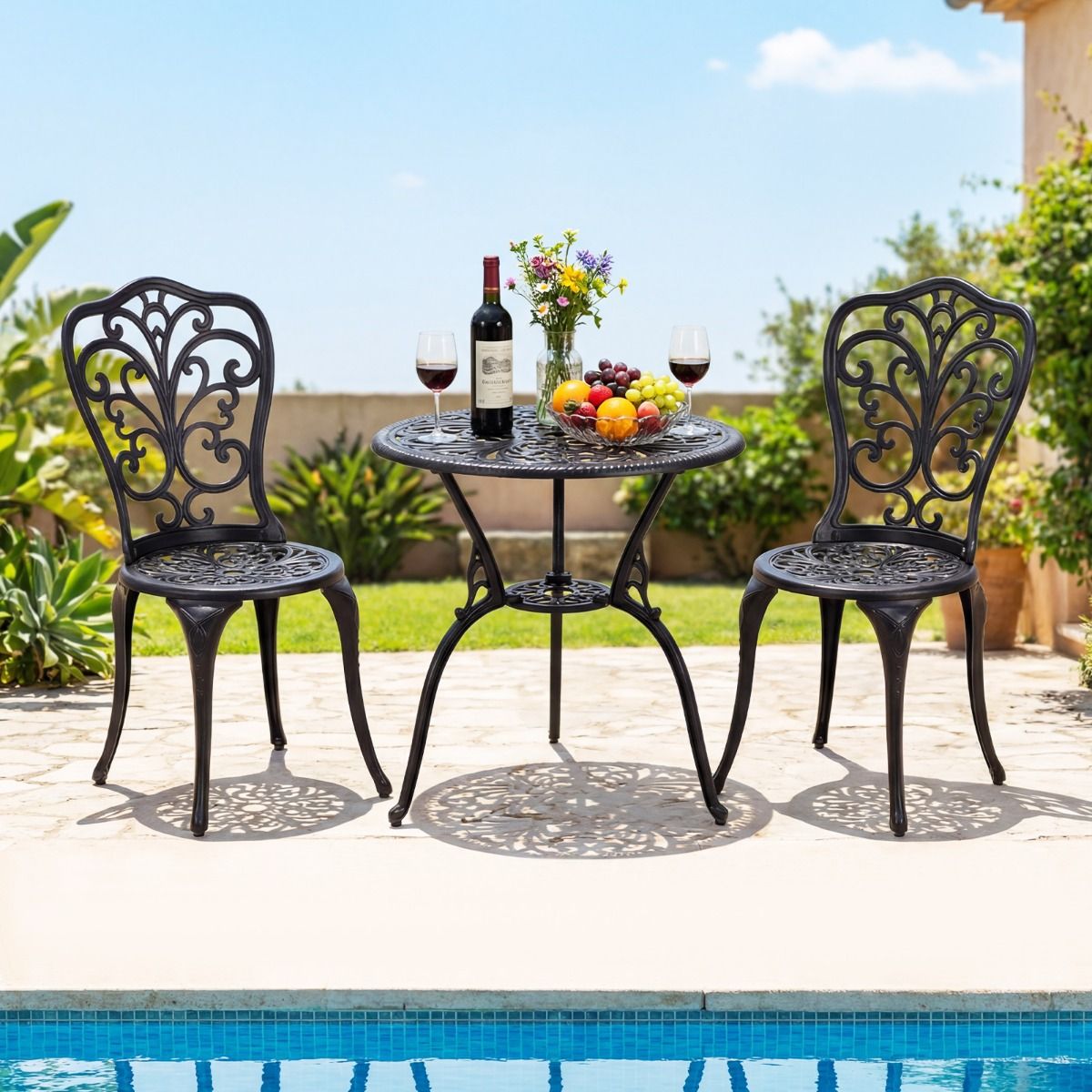 Ensemble de bistrot Coast 3 pièces - aluminium moulé - trou pour parasol - dossiers en forme de papillon - noir