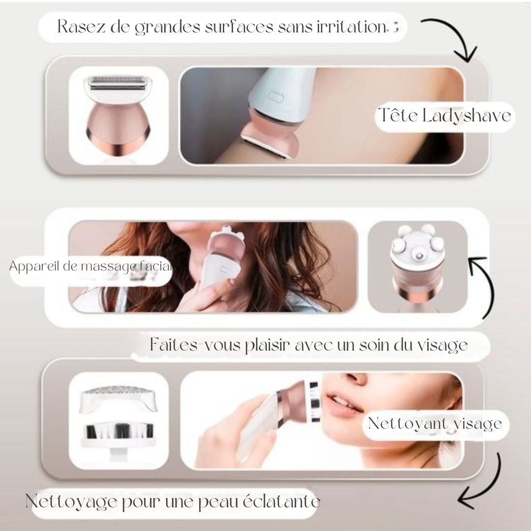 Rasage Femme 6 en 1 -Sansbeauté® - Visage - Aisselles - Jambes - Maillot - Rasoir - Epilateur Femme - Tondeuse - Rechargeable USB - blanc