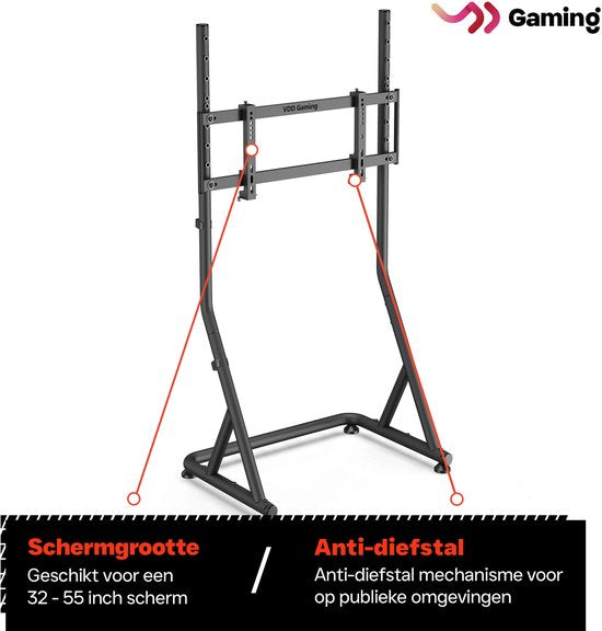 VDD Gaming - Support d'écran - Support d'écran pour simulation de course - Universel - 32" à 55" - Autoportant - Réglable - Verrouillable - 72 x 48 x 123 cm - 50 kg - Noir