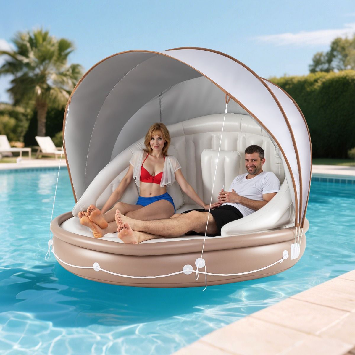 Coast Inflatable Floating Island 2-Seater with Canopy - 186 x 186 x 155 cm, White/Brown/Silver, Capacity 180 kg