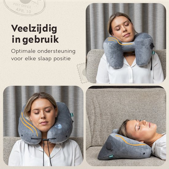 TRAVARA Oreiller gonflable pour la nuque - The Airsnoozer - Oreiller de voyage - Pour l'avion et la voiture - Avec bouchons d'oreille - Oreiller pour la nuque - Gris