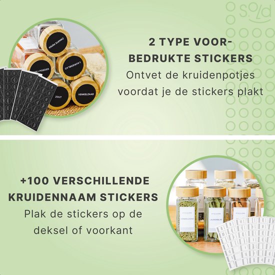 S.old - 36 pots à épices en verre carrés avec couvercle en bambou - Diffuseur d'épices - Set complet avec couvercles à saupoudrer, autocollants préimprimés et entonnoir - Capacité 120 ml - 10,5 x 4,3 cm