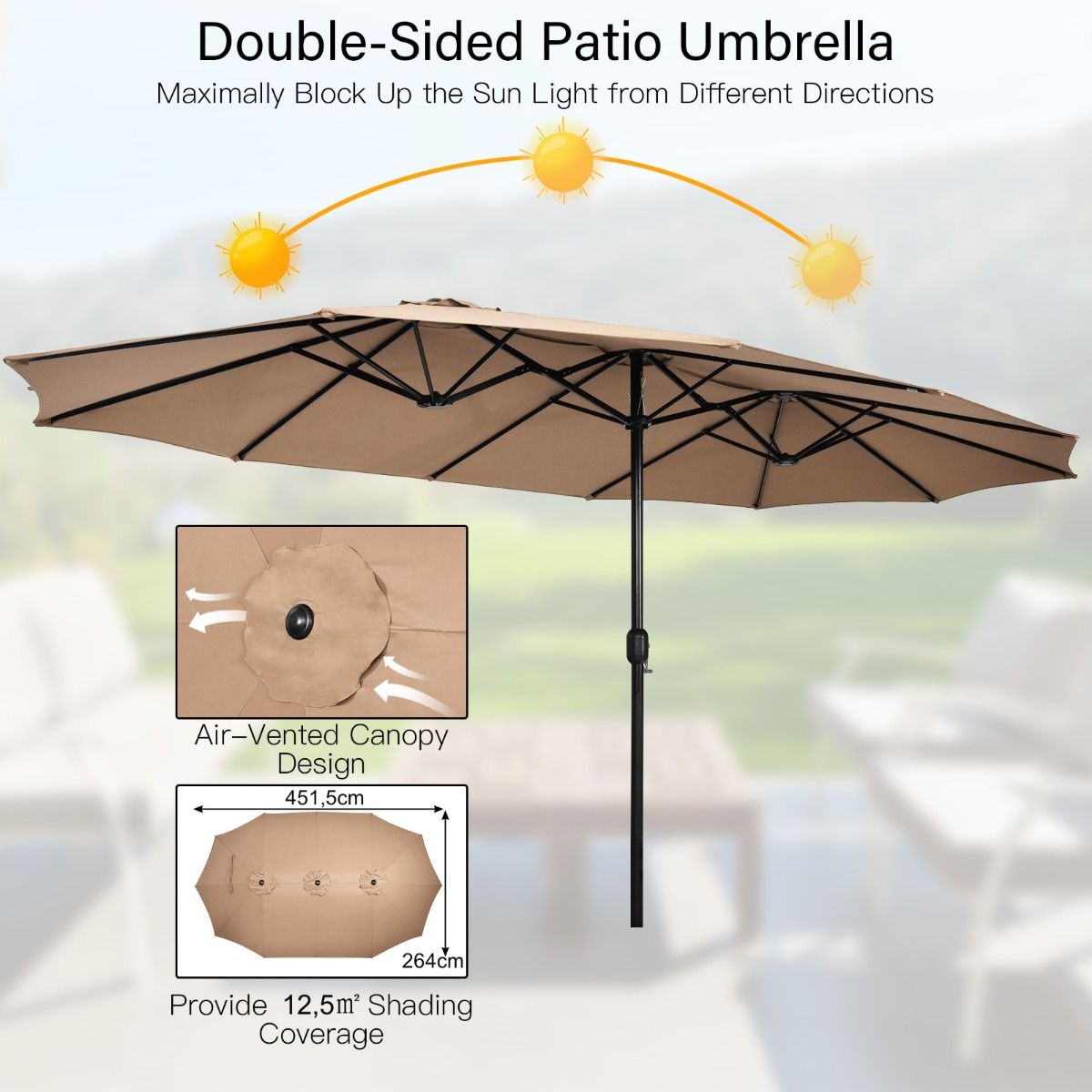 Coast 451.5 x 264 cm Parasol de terrasse double avec pied - Marron Parasol d'ombrage XXL pour le jardin, la terrasse et la piscine