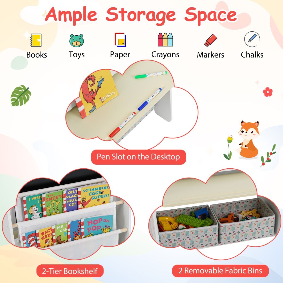 Ensemble de table et chaise pour enfant Coast - Conception 4-en-1 - Étagère à livres et espace de rangement - Couleur naturelle