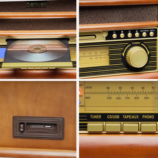 Platine vinyle - Denver - Tourne disque - Design rétro -Radio FM/AM - Radio CD Player - Bois