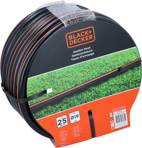 Tuyau d'arrosage 25 mètres - BLACK+DECKER - ⌀19MM - PVC durable - Convient à tout robinet standard - Noir/Orange