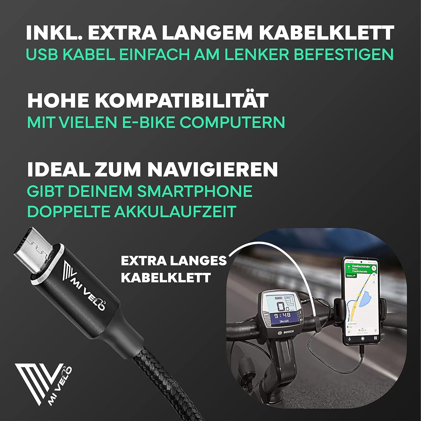 MIVELO E-bike Charging Cable for Bosch Display - 35 cm OTG Cable for iPhone (Lightning), USB-C & Micro-USB - Convient à Intuvia, Kiox (pas 300), Nyon (ancien modèle)