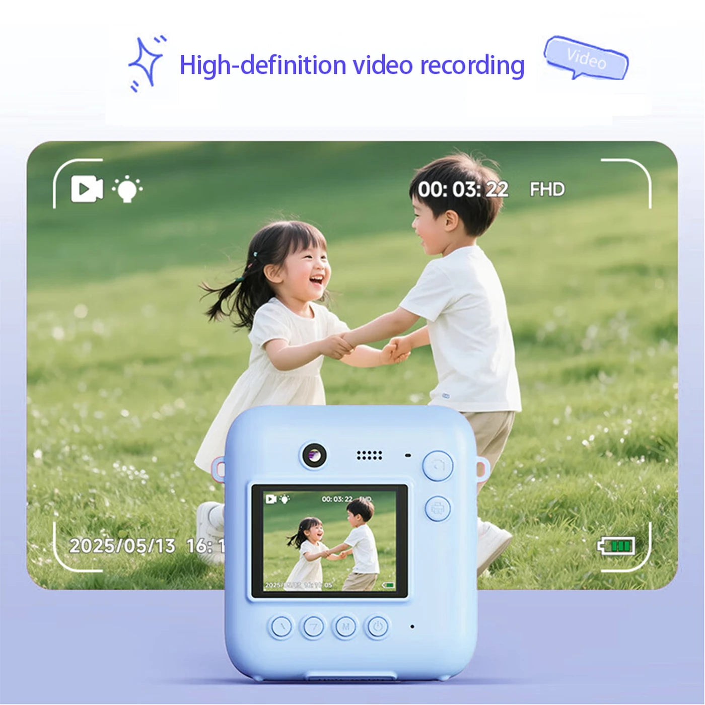 Appareil photo pour enfants Songdian avec impression instantanée DC506 - Bleu - 48 MP - Double objectif - Flash LED - Peut également servir de webcam