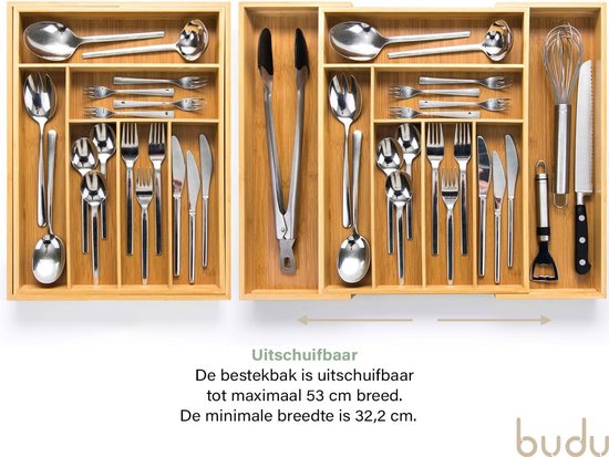 Budu Range-couverts extensible en bambou #43 (43 cm de profondeur) - Cassette à couverts en bois - Tiroir à couverts - 43 x 32.2 - 53 cm - 6/8 compartiments
