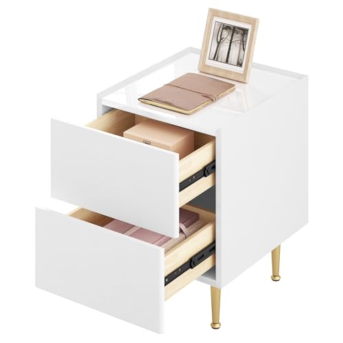 Woltu Table de nuit NTS10ws03 Blanc brillant avec accents dorés - 2 tiroirs - MDF, PVC et métal - 40 x 35 x 51 cm