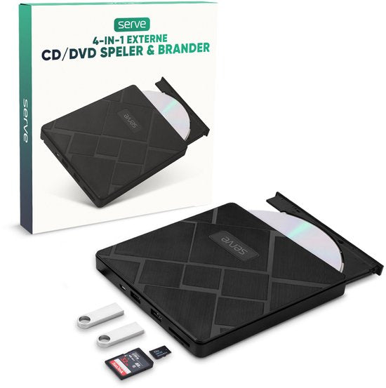 Serve 4-in-1 Lecteur et graveur externe de CD / DVD pour PC, ordinateur portable et Mac iOS - Plug & Play - Fente pour carte SD et Micro SD + Hub USB
