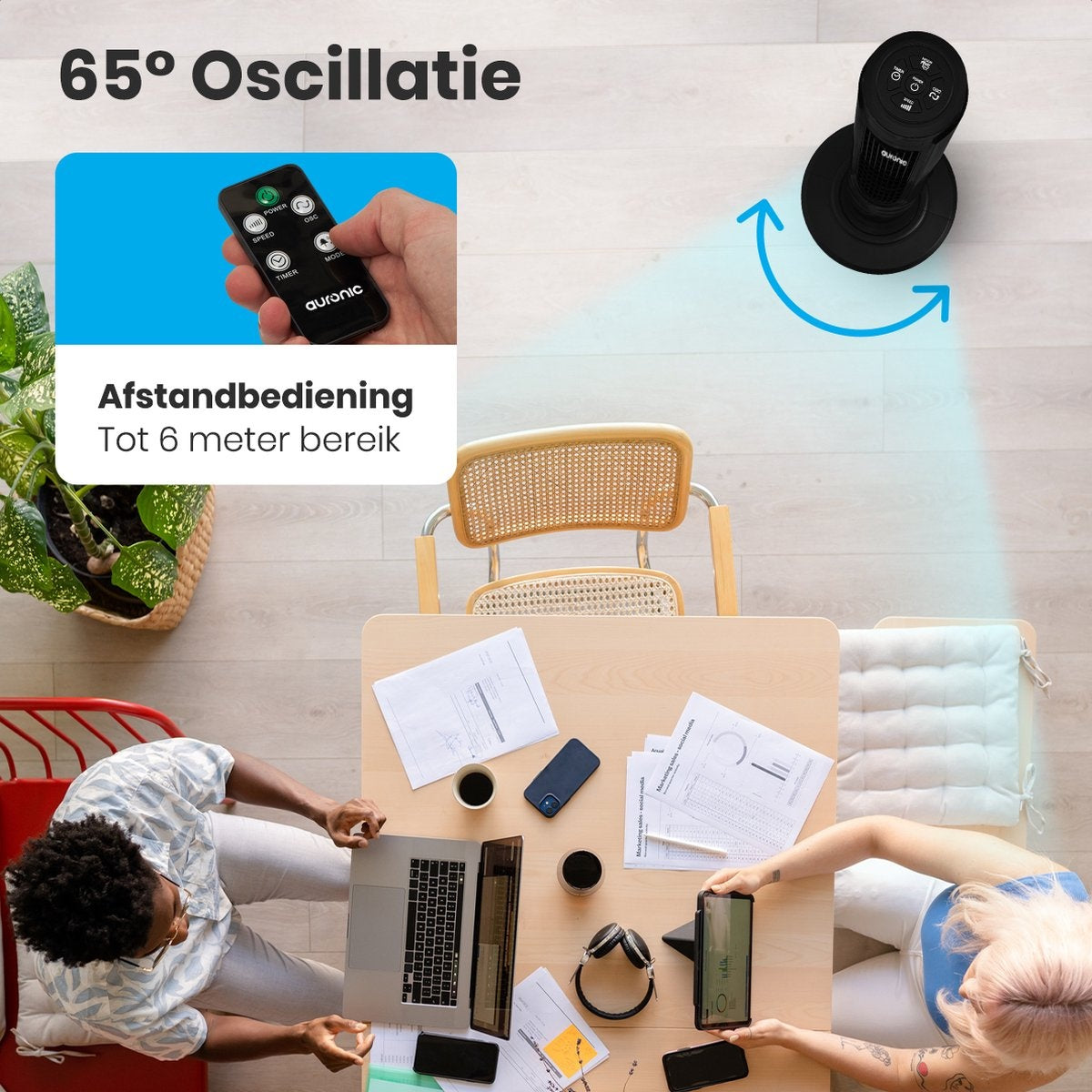 Auronic Tower Fan - Ventilateur sur pied télécommandé - Minuterie - 55W - 45dB - 118cm - Noir