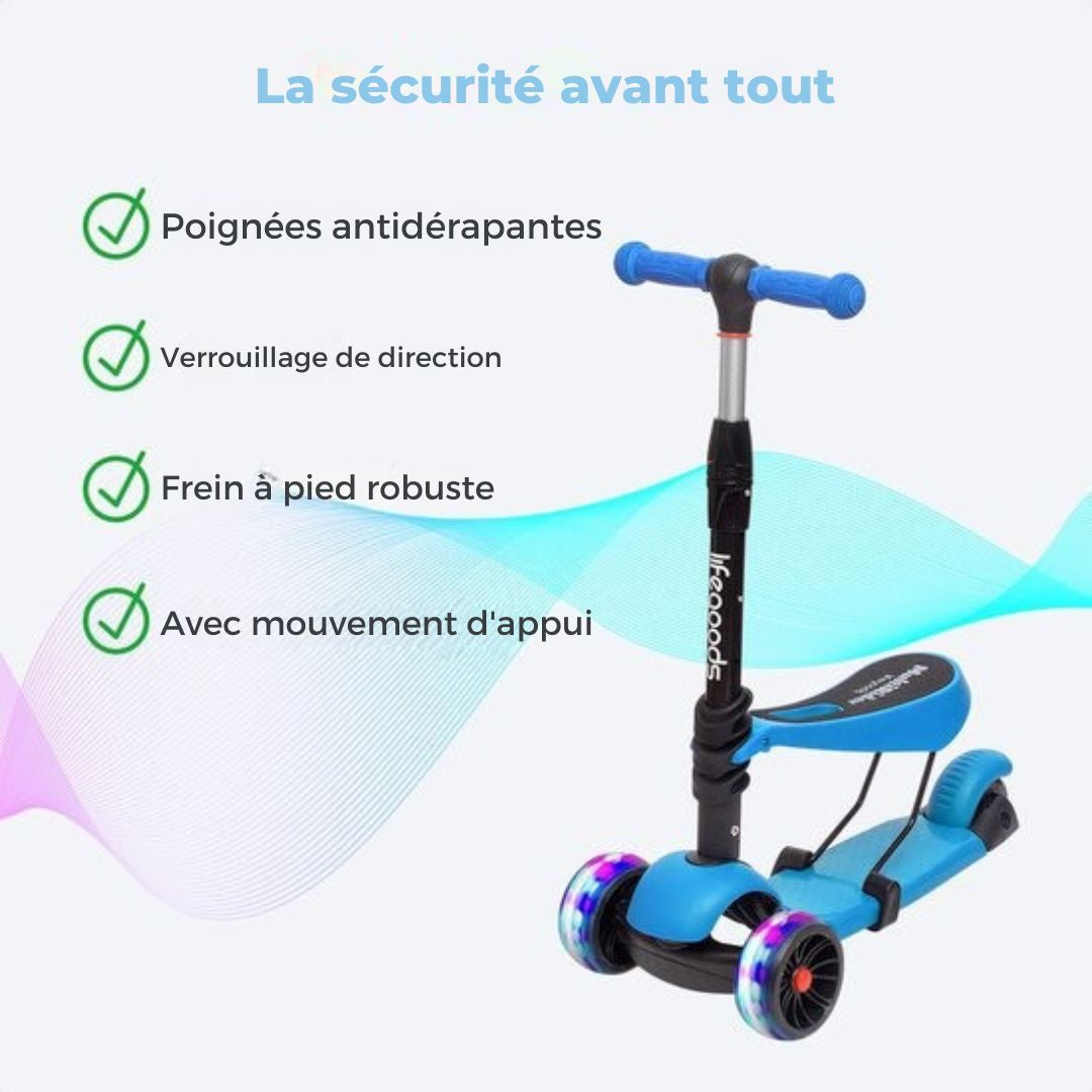 Scooter pour enfants LifeGoods MultiRider - Étape 3-8 ans - Siège réglable - Roues lumineuses - Garçons/Filles - Bleu