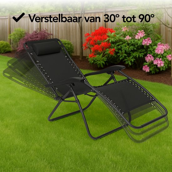 Lot de 2 chaises de jardin pliantes Brixy - Chaises longues - Pliantes - Réglables - Oreiller ergonomique - Métal - Textiline - Noir
