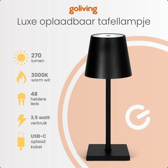 Goliving Lampe de table rechargeable - Sans fil et dimmable - Lampe tactile moderne - Lampe de nuit pour chambre à coucher - 26 cm - Noir