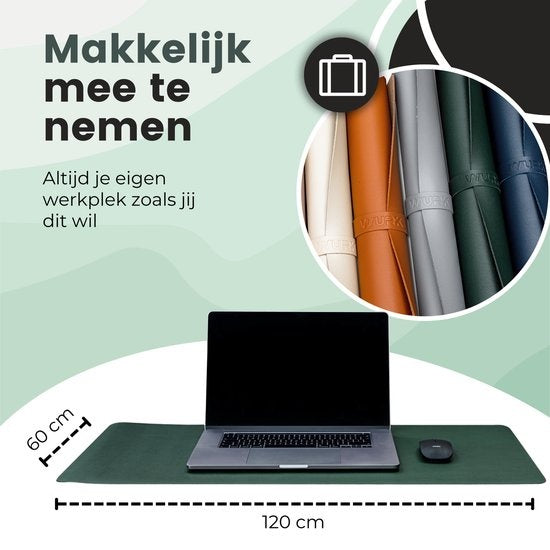 Tapis de bureau professionnel WURK - cuir synthétique - Organisateur de bureau - Accessoires de bureau - Comprend un clip pour câble - Tapis de souris XXL - 120x60 - Vert