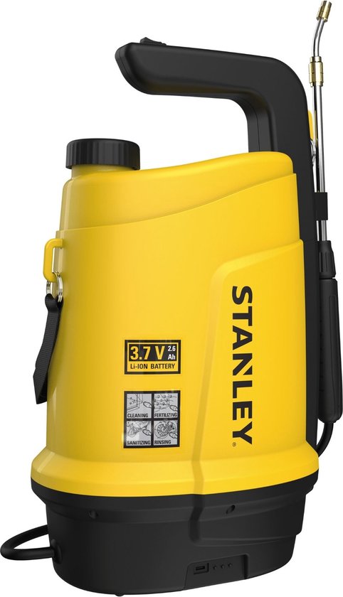 Stanley Pressure Sprayer 5 L, pulvérisateur à pression, pulvérisateur de jardin, électrique, batterie rechargeable lithium, lance télescopique, buse réglable, autonomie 2.5 h, max 2 bar, 0.33 L/minute, jaune/noir