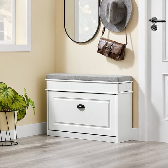 SoBuy FSR82-L-WG Meuble à chaussures banc d'entrée - banc à chaussures avec siège de toilette et coussin de rangement pour chaussures pour hall d'entrée, salon 75 x 24 x 51 cm, capacité 180 kg, blanc effet bois antique