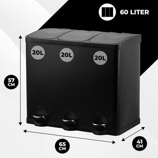 Bayt Poubelle - Poubelle 60 litres - Poubelle 60 litres - Poubelle à pédale 60 litres - Poubelle 3 compartiments - Poubelle tri sélectif - 3x 20 litres - inox - Noir