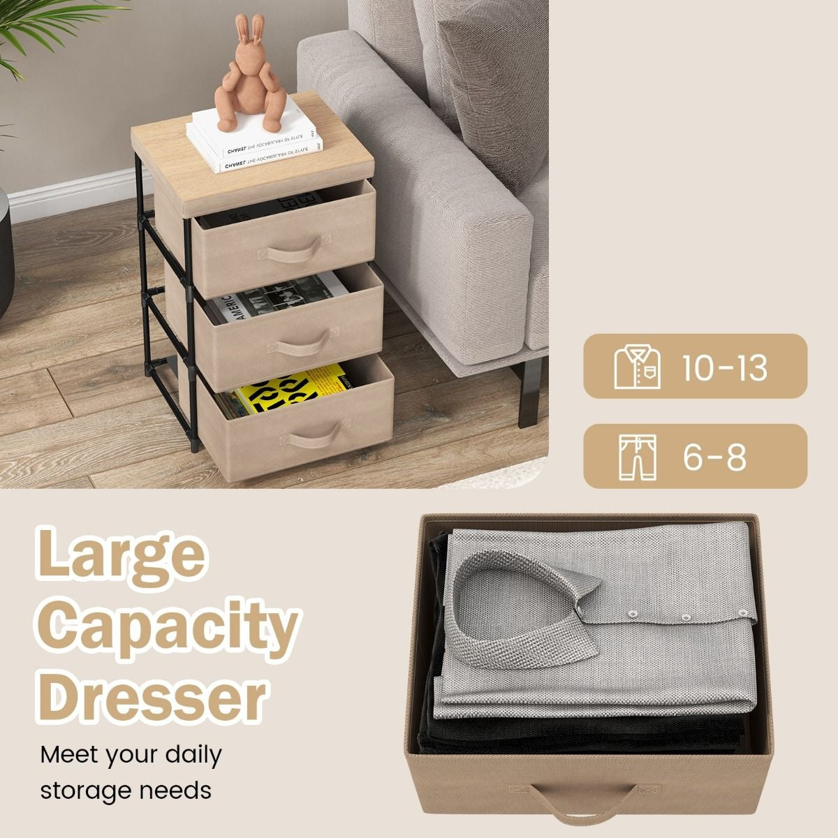 Coast Table de chevet - Avec 3 tiroirs en tissu rabattables - 40 x 30 x 62 cm - Coffee Brown