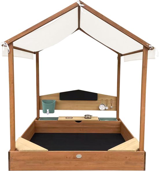 AXI Meli Bac à sable et maisonnette 120 x 120 cm avec cuisine jouet – Marron – Avec toit – Bois FSC – Avec tableau noir, réservoir d'eau et set de cuisine jouet 6 pièces – Avec 2 bancs - Toile de protection incluse – Garantie de 10 ans