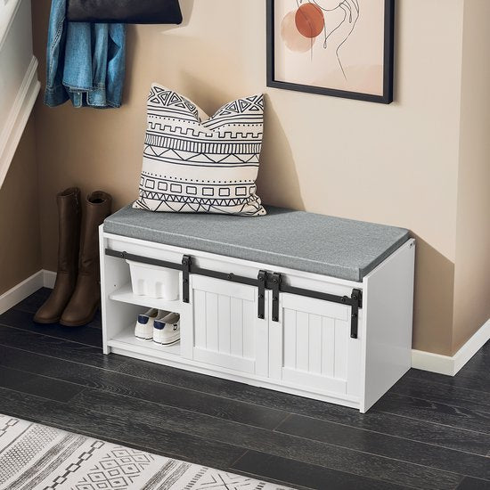 SoBuy Meuble d'entrée avec portes coulissantes, banc à chaussures à 6 compartiments pour l'entrée, 90x35x46 cm, blanc, FSR133-K-W