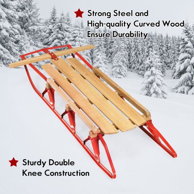 Coast Wooden and Steel Sled with Skates and Handlebar - 137x58x16 cm - Couleur rouge et bois - Pour adultes et enfants à partir de 5 ans - Capacité de charge maximale de 150 kg