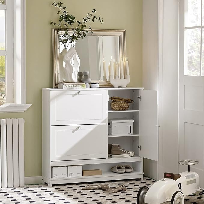 SoBuy FSR114-W Meuble à chaussures avec 2 abattants, 1 compartiment ouvert et 1 porte Meuble à chaussures étroit blanc BHT env. 102x96x24cm env.