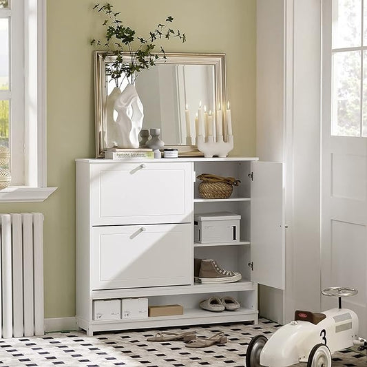 SoBuy FSR114-W Meuble à chaussures avec 2 abattants, 1 compartiment ouvert et 1 porte Meuble à chaussures étroit blanc BHT env. 102x96x24cm env.