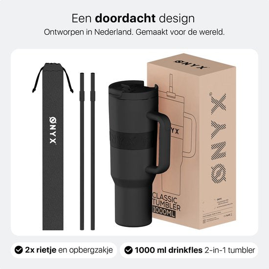 ONYX Bouteille à boire avec paille 1 litre - Bouteille d'eau pour enfants et adultes - Mug Thermos Mug de voyage en acier inoxydable - Buveur motivé - Tasse à boire pour l'école - Noir Onyx