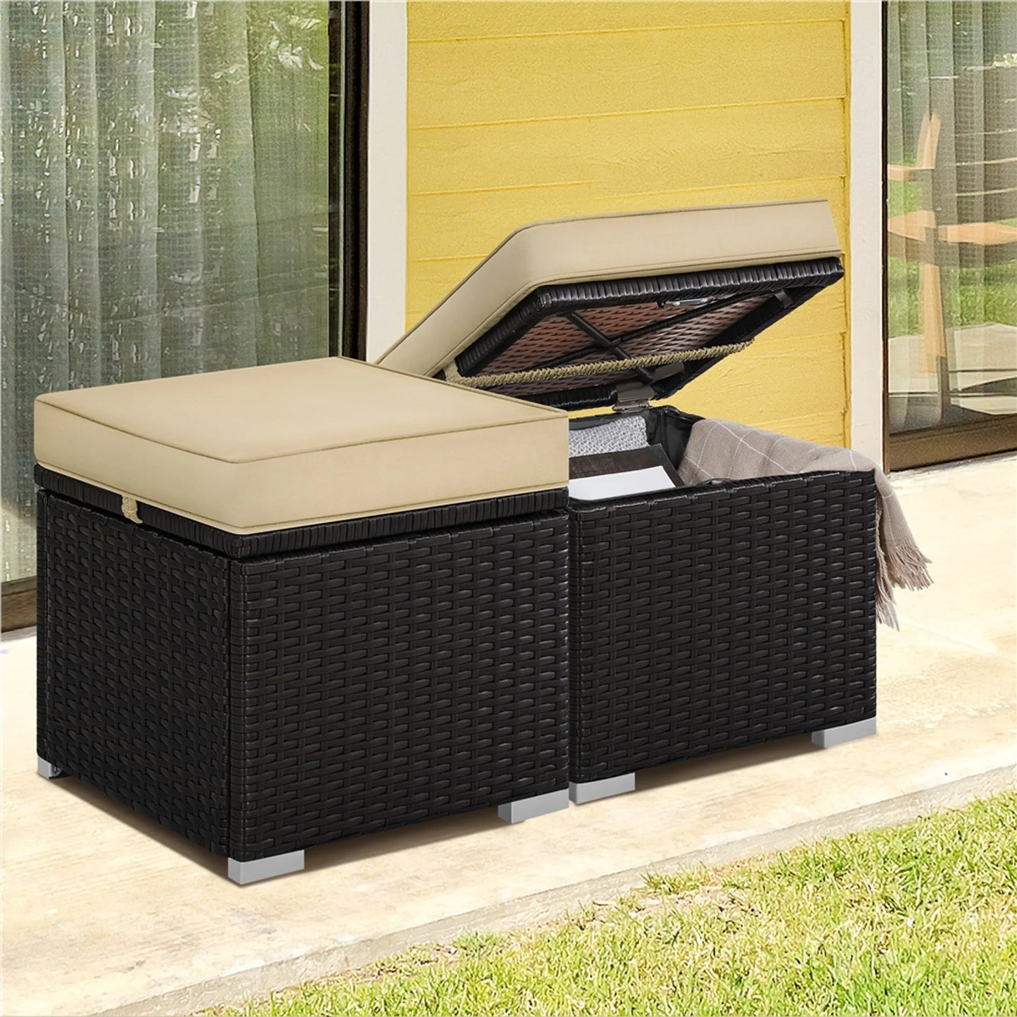 Yaheetech Tabouret Avec Rangement 2 Pièces - Avec Compartiment Caché et Cadre en Rotin Hydrofuge et Métal Revêtu de Poudre - Pour Jardin Balcon Et Salon - Polyéthylène Brun Kaki Et Métal - 40 x 40 x 42.5 cm