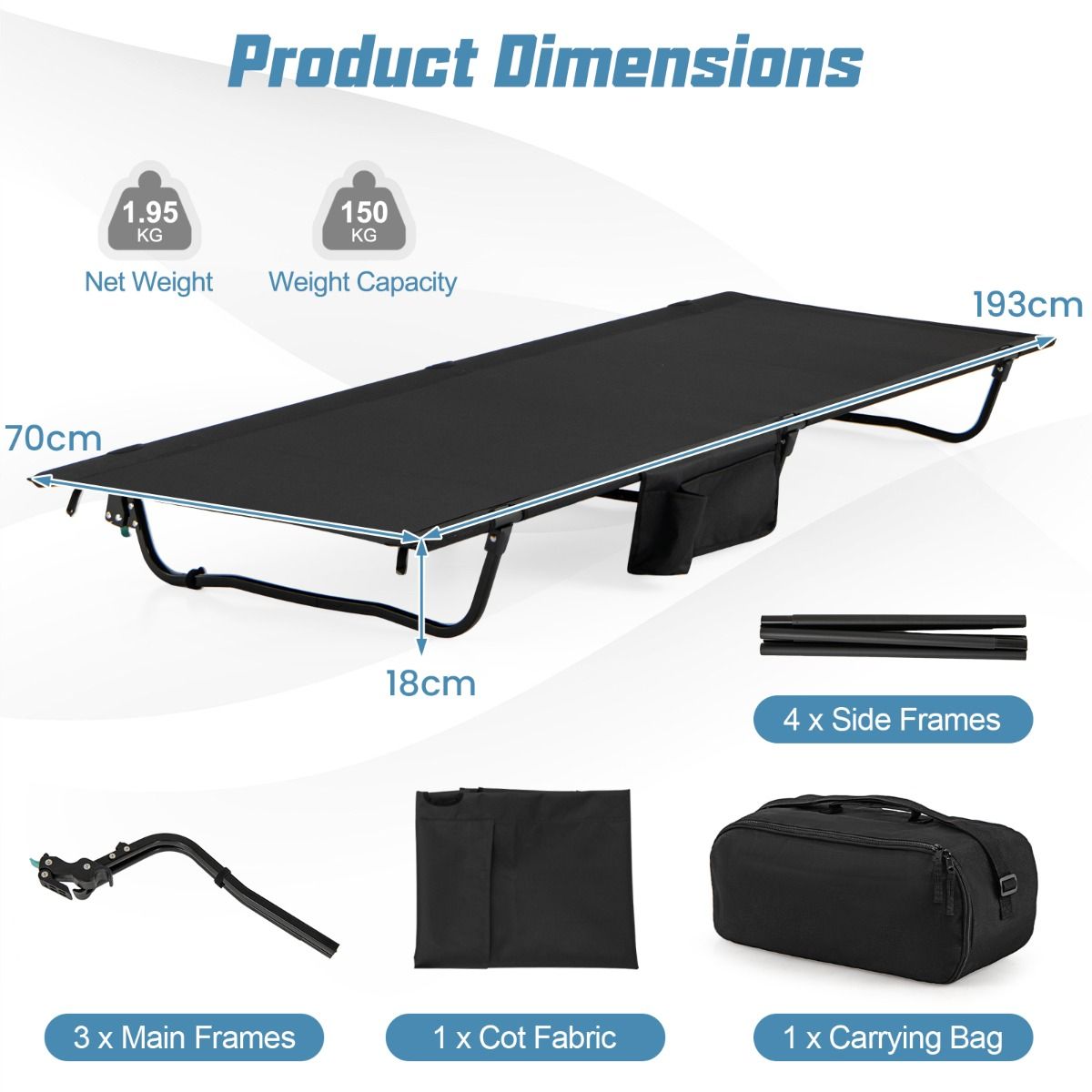Lit de camping Coast - lit de camp ultra-léger - pliable avec poche latérale - noir