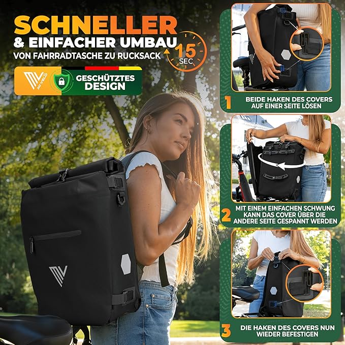 MIVELO Pannier - Sac à dos et sac à bandoulière 3-en-1 - Étanche - 20 litres - Noir