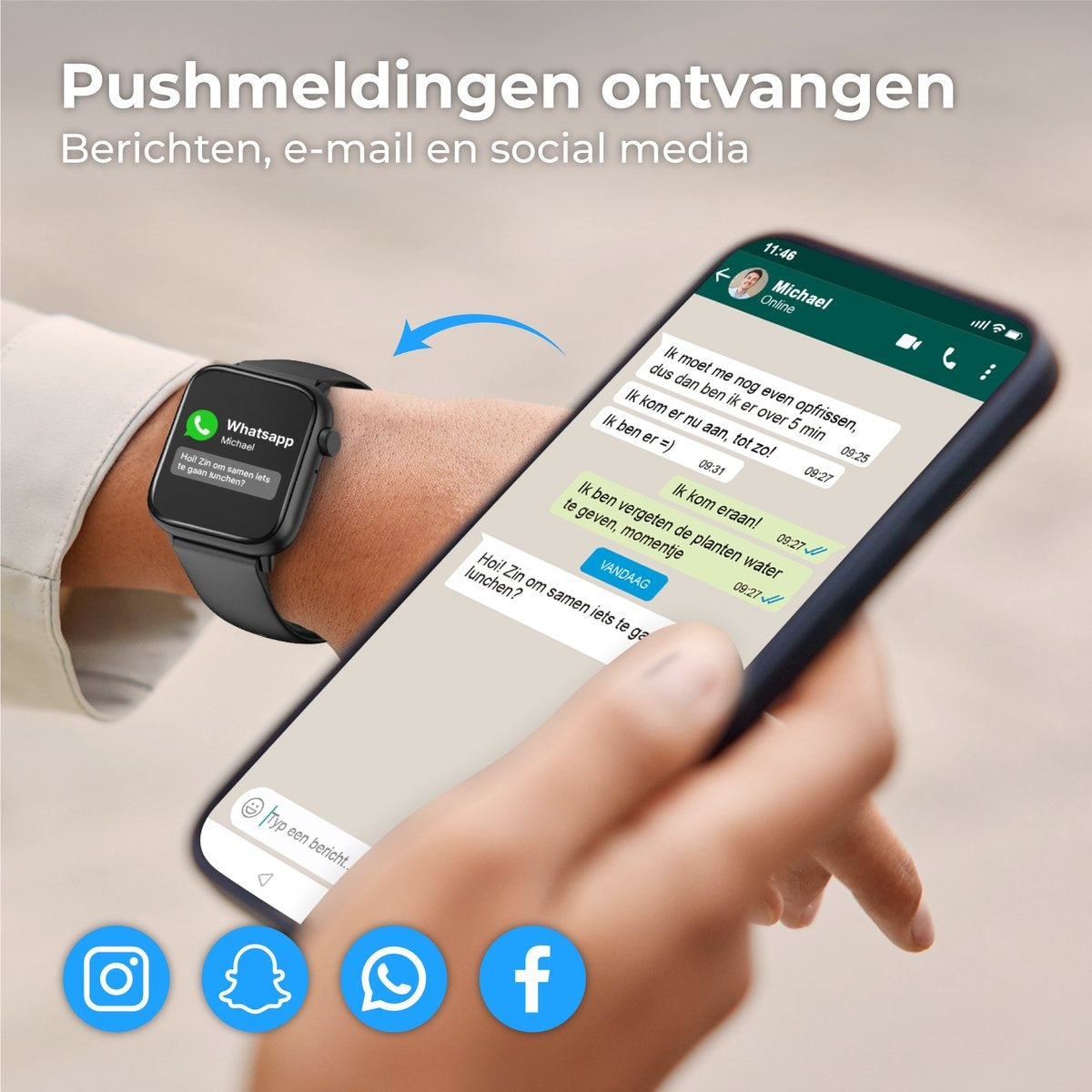 Nuvance - Smartwatch Homme et Femme - 45mm - pour iOS et Android - podomètre et moniteur de fréquence cardiaque - étanche - noir