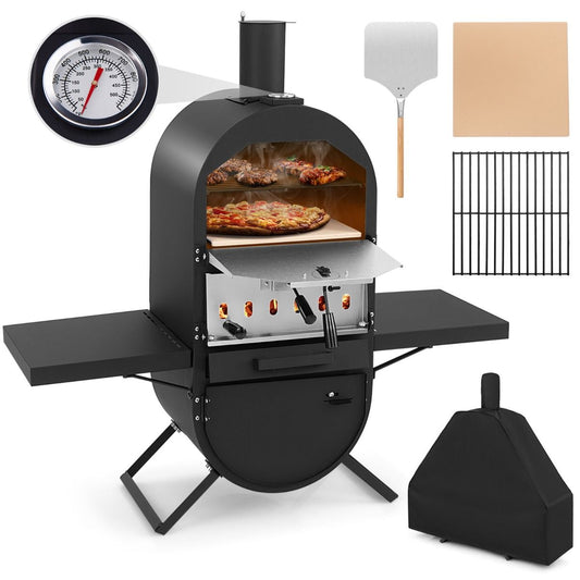 Four à pizza d'extérieur au feu de bois Coast - Noir - 98 x 31 x 98 cm - Comprend une pierre à pizza, une pelle à pizza et une housse de protection