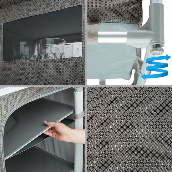 tectake® - Armoire de camping 97x47,5x78cm - Pliable - Compartiments verrouillables - Plans de travail robustes - Poches latérales pratiques - gris
