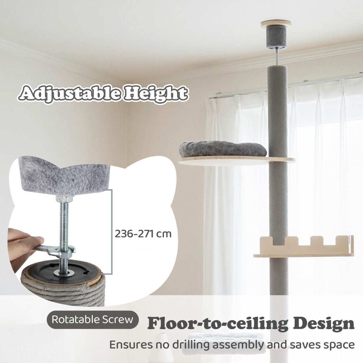 Arbre à chat Coast, sol-plafond, 5 niveaux, hauteur réglable de 236 à 271 cm - Gris