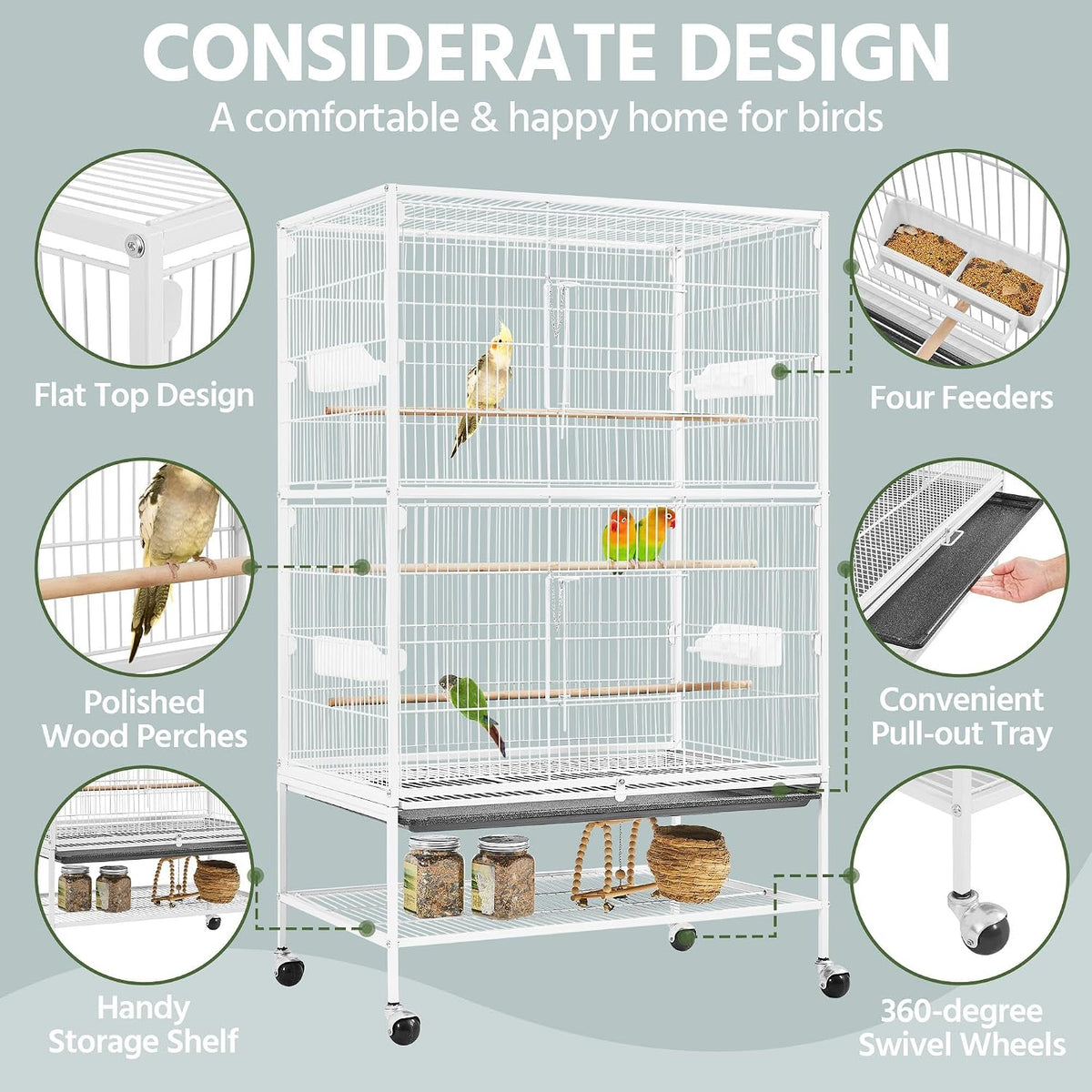 Cage à oiseaux Yaheetech avec support – 79 × 51,8 × 132 cm – Blanche – Cage pour perruches avec roulettes, 3 perchoirs en bois et 4 mangeoires