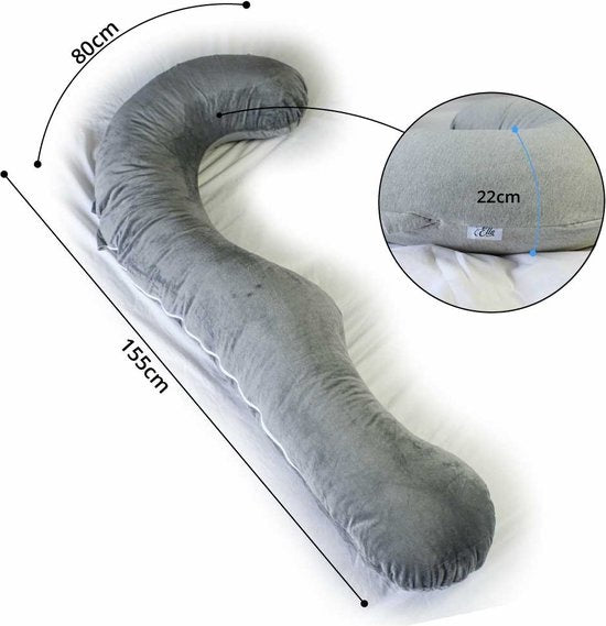 Oreiller de grossesse en forme de J - Ella® - Soutien optimal - confort pour le corps et l’allaitement - housse amovible en polaire Minky -155 cm - Gris