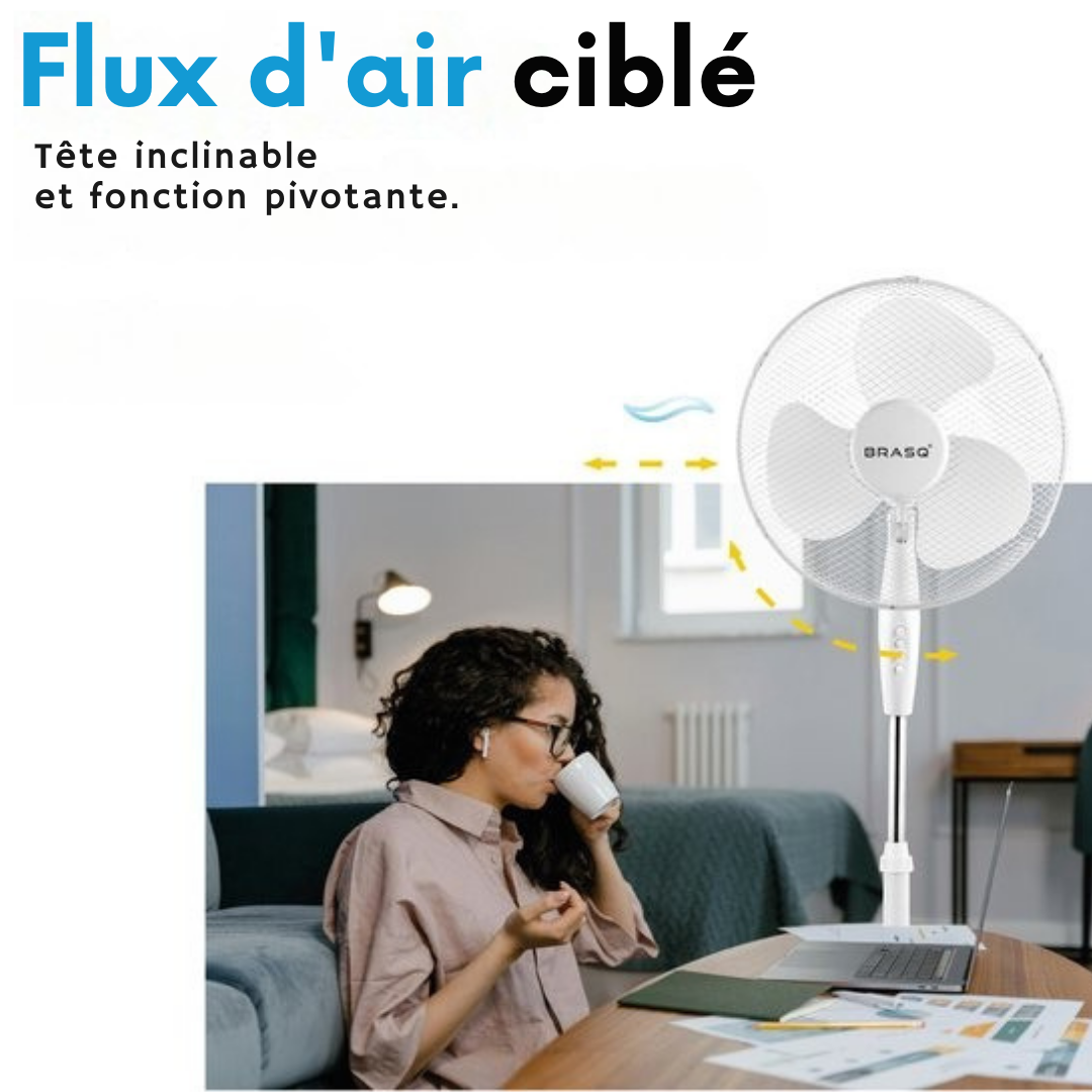 BRASQ Ventilateur trépied - 40 cm - Blanc - Réglable en hauteur - 3 vitesses - 40 watts