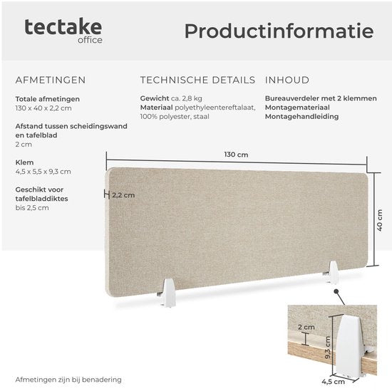 tectake® Séparateur d'écran de bureau Noisy - Avec noyau en PET insonorisant - Livré avec 2 clips de fixation - Dimensions (Lxl) 130 x 40 cm - Beige