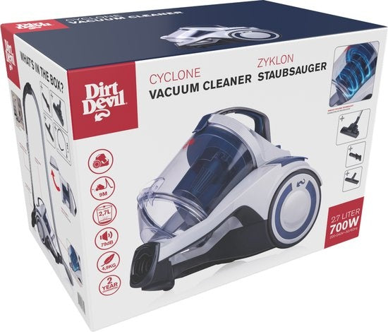 Dirt Devil Aspirateur sans sac DD2504 - Filtre HEPA 12 - 3 accessoires - 700W - Blanc