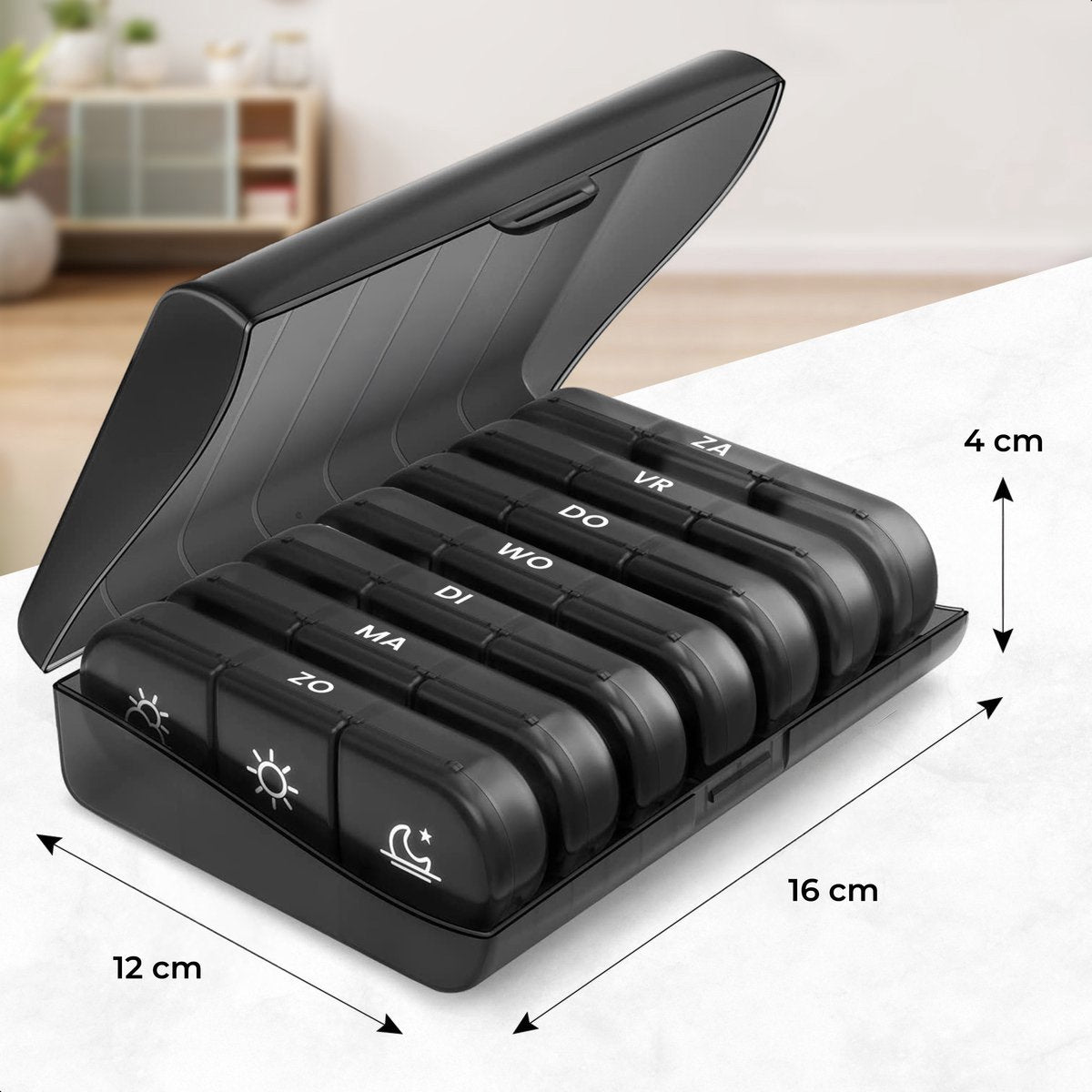Alyze Medicine Box 7 Days Black 15.6 x 12 x 4.2 cm - Boîte à pilules sans BPA avec 3 compartiments par jour - Boîte à médicaments compacte et durable