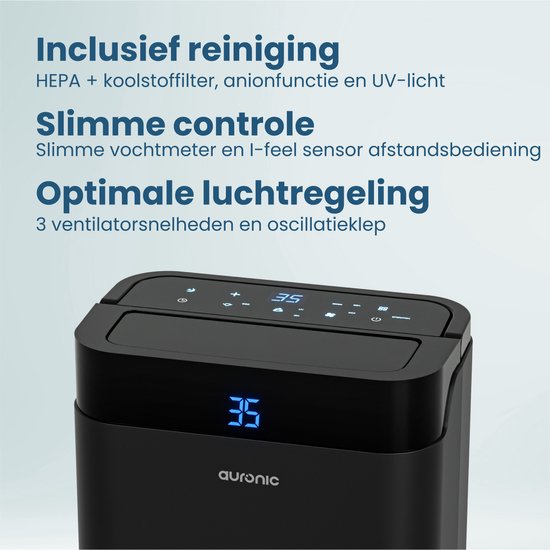 Déshumidificateur et purificateur d'air Auronic - Better Plus Series - Déshumidifie 30L par jour - Réservoir d'eau de 5L - Chambre à coucher, salle de bain, salon et bureau - Dévoreur d'humidité pour la maison - Noir