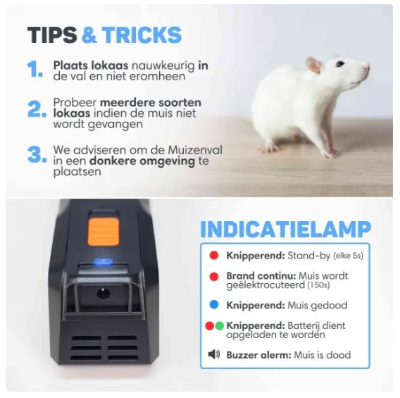 Vulpes Goods® - Mini piège à souris électrique - 18,8 x 8 x 6 cm - équipé d'une tension de choc de 1800 V et d'une double alimentation, d'un indicateur LED et d'un buzzer - pour l'intérieur et la cuisine - plastique ABS noir