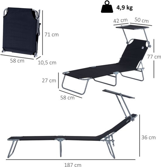 Chaise longue Outsunny - pliable - avec pare-soleil - 4 positions - noir