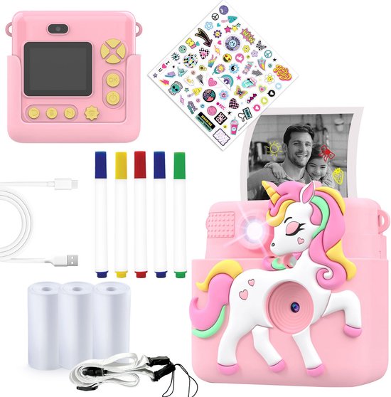 Appareil photo Full HD pour enfants Denver avec imprimante - Appareil photo selfie - 20 Mpx - Appareil photo numérique pour enfants Denver - Jeux - Rose